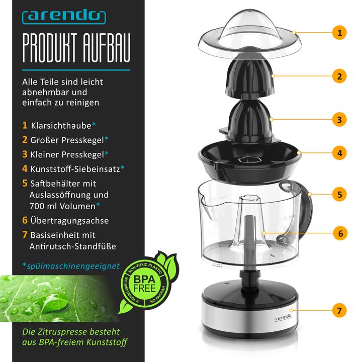 Actual product image Arendo Elektrische Zitruspresse, 2 Presskegel, BPA-frei, 2x Drehrichtungen, Entsafter 40W, 700ml Behälter