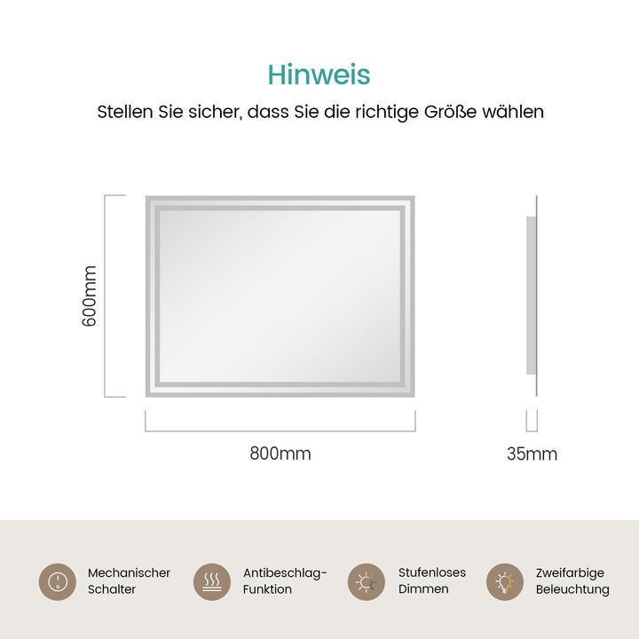 Produktbild Emke Badezimmerspiegel mit Beleuchtung 80*60cm,Beschlagfrei, 3000K/6500K,Tast Schalter