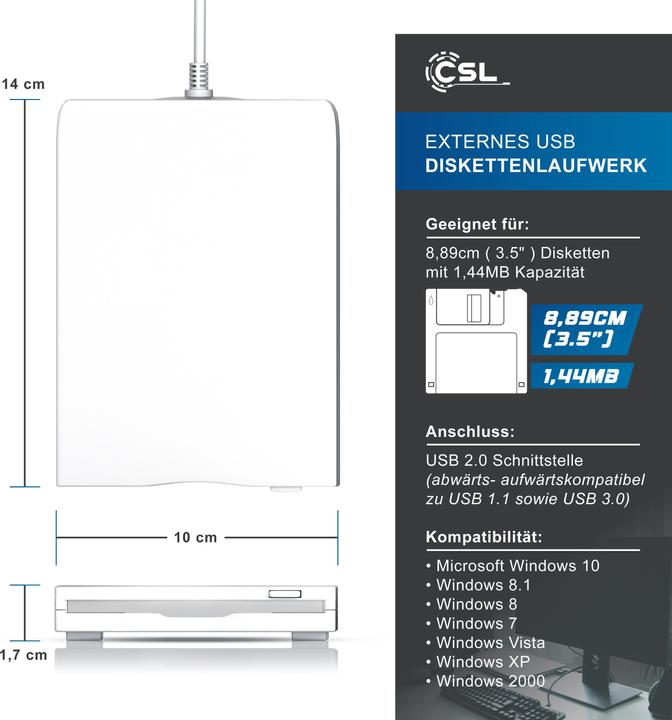 Actual product image CSL USB floppy drive external, USB floppy drive FDD 1,44MB (3,5) for PC & MAC, white (floppy disk drive)