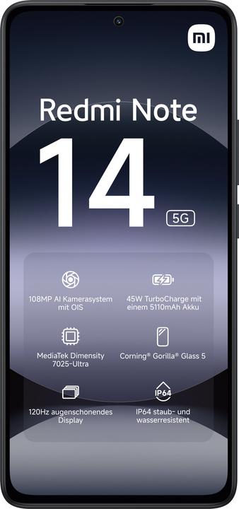 Productafbeelding Xiaomi Redmi Note 14 5G (256 GB, Middernachtelijk zwart, 6.67", Hybride dubbele SIM, 108 Mpx, 5G)