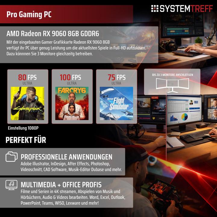 Produktbild SYSTEMTREFF Gaming PC G245113 (1000 GB, 32 GB, AMD Ryzen 5 8400F, Radeon RX 9060 XT)
