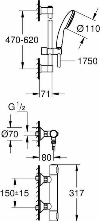 Produktbild Grohe Precision Flow QuickFix Thermostat-Duscharmatur und Vitalio Start 110 Brausestangenset, Länge 600mm