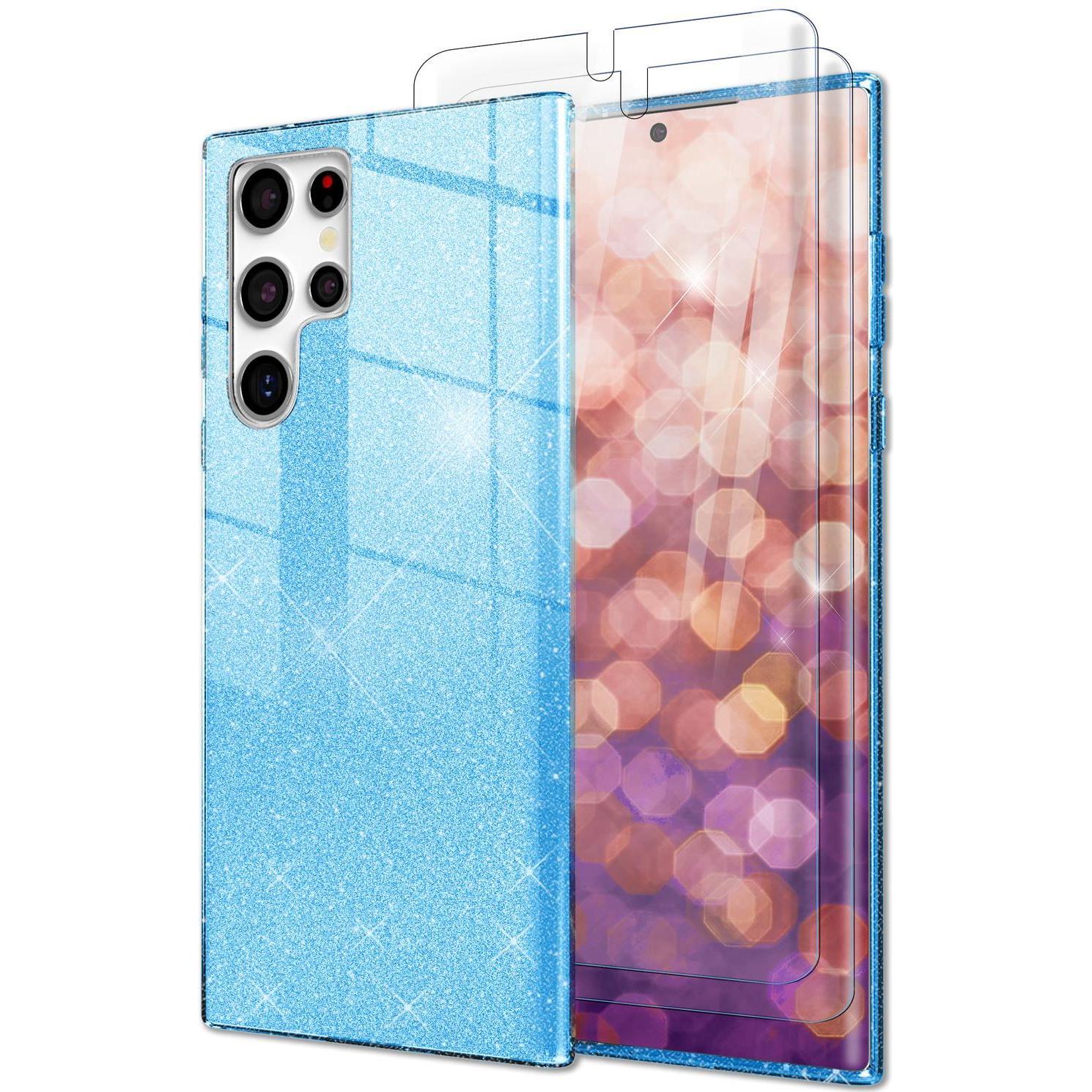 Nalia Glitzer Silikon Hülle mit 2x Displayschutz (Samsung Galaxy S23 Ultra), Smartphone Hülle, Blau