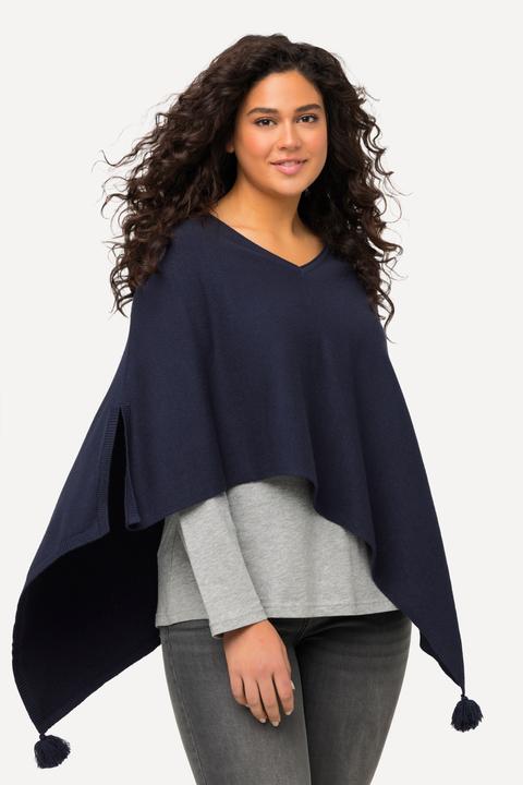 Produktbild Ulla Popken Strick-Poncho, Zipfelsaum, Quaste, V-Ausschnitt, ärmellos (50, 52, 54, 56)