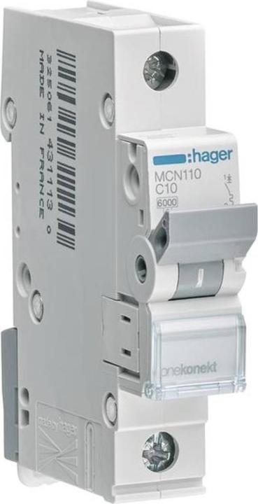Image du produit Hager MCN110. Nombre de pôles : 1P. Fréquence d'entrée AC : 50/60 Hz, Courant nominal de sortie : 10 A.