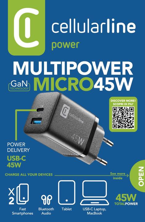 Image du produit Cellularline Chargeur de voyage 45W Multipower 1 x USB C et 1 x USB A ACHUSBGAN2PD45WK (45 W)