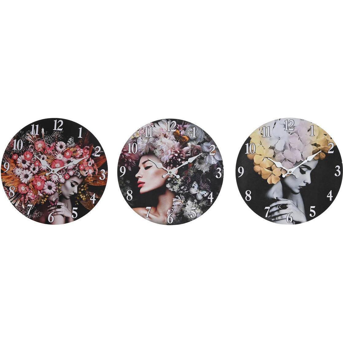 DKD Home Decor, Orologio da parete, Wanduhr Schwarz Bunt Blomster Moderne Holz MDF (34 x 4 x 34 cm) (3 Stück)