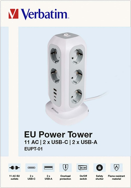 Produktbild Verbatim EU Power Tower 11 (11 x, CEE 7/4, USB-C, USB-A, 2 m)