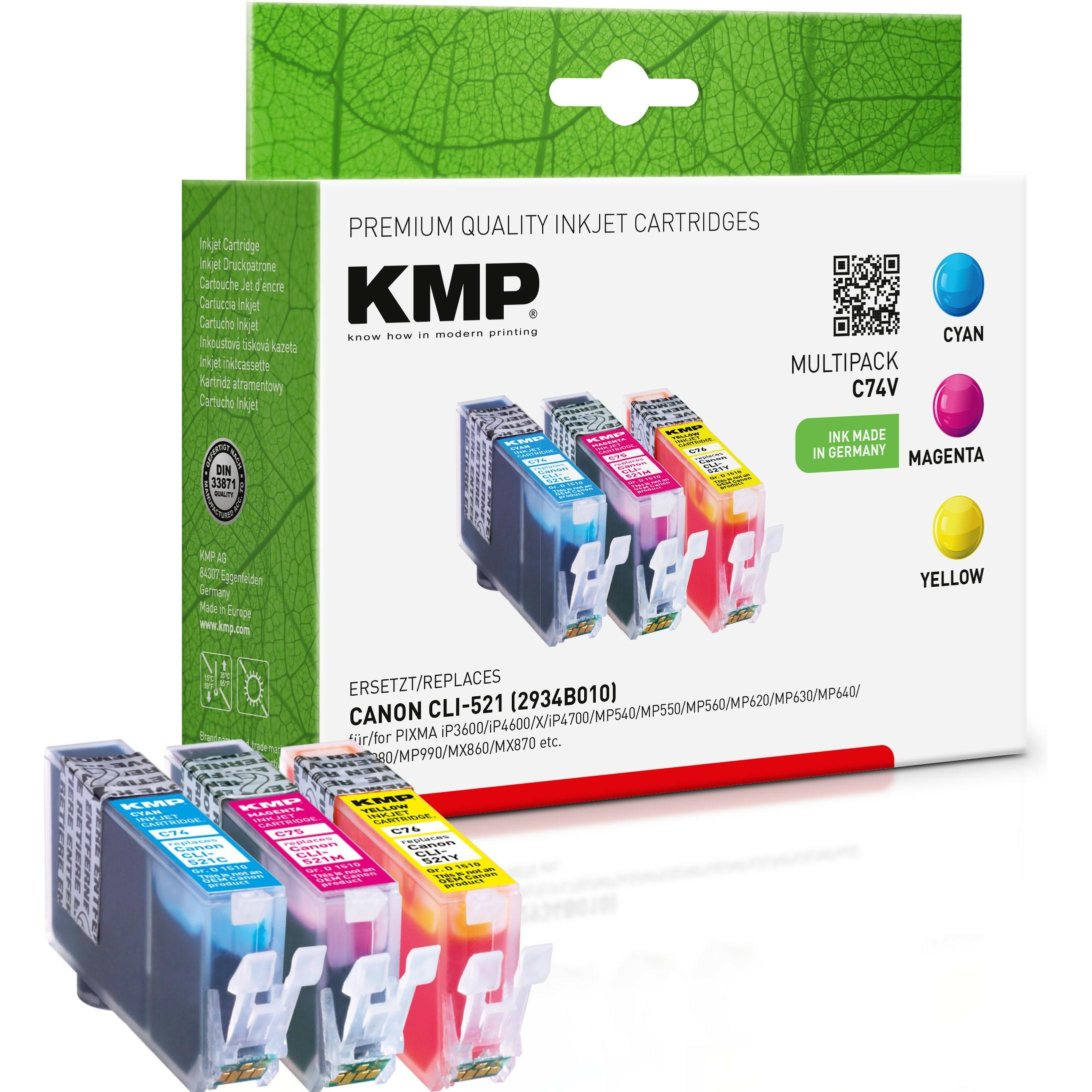 Thumbnail - KMP, Druckerpatrone, C74V Vorteilspack C/M/Y kompatibel mit Canon CLI-521 (M, C, Y)