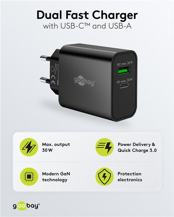 Immagine prodotto Goobay USB-C PD GaN Dual-Schnellladegerät 30 W schwarz (30 W, 2 porte)