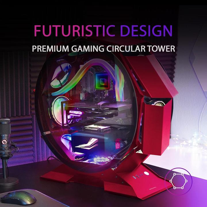 Actual product image Mars Gaming MCORB Red Micro-ATX XL Gaming PC Case Custom Circular Design Double Tempered Glass (mATX, Mini-ITX)