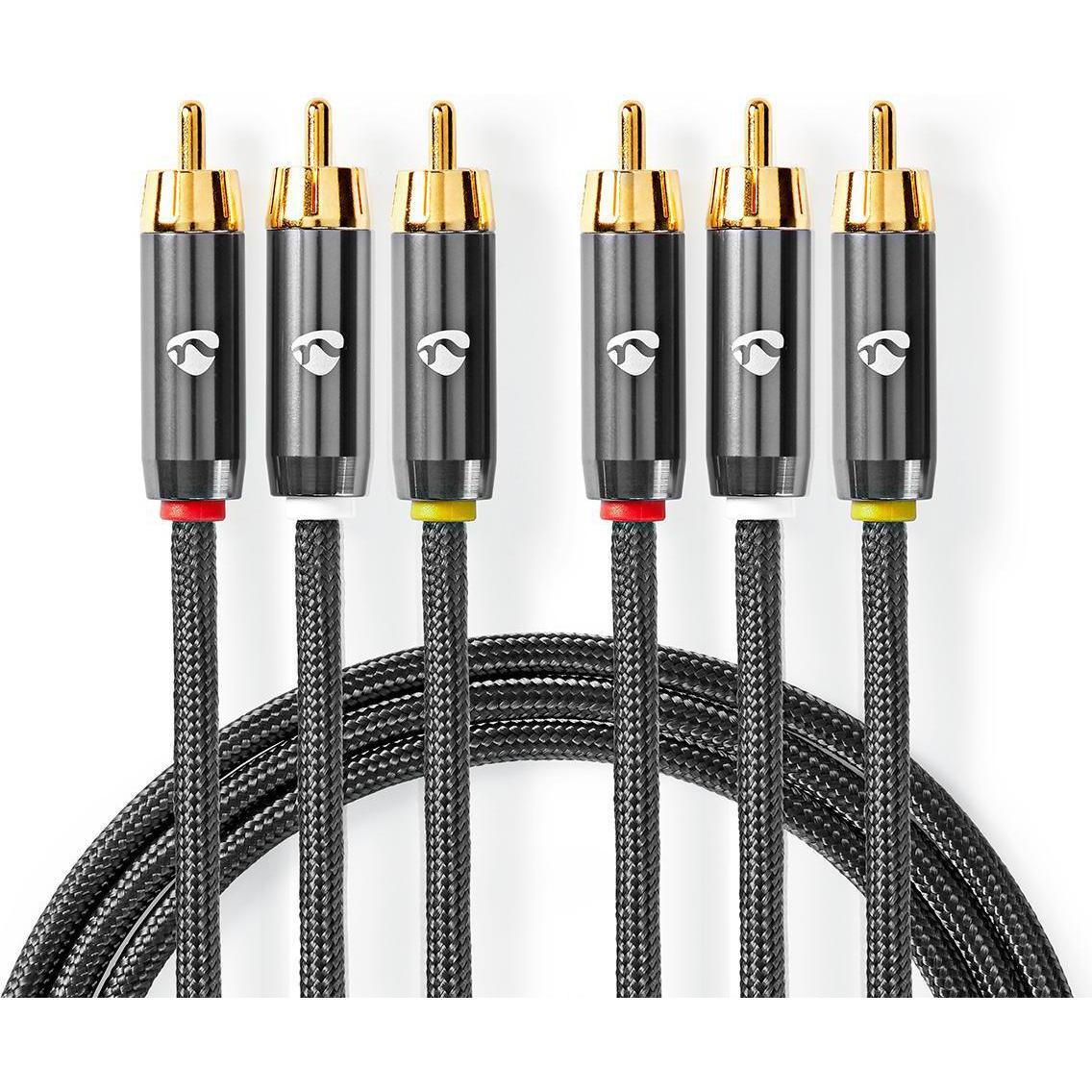 Nedis Composite-Videokabel - 3X Cinch-Stecker - Vergoldet - 2 m - rund - Baumwollstoff - Anthrazit (2 m, Cinch), Audio K...