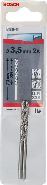 Produktbild Bosch Professional Zubehör Metallbohrer HSS-G, DIN 338, 3,5 x 39 x 70 mm, 2er-Pack (3.5 mm)