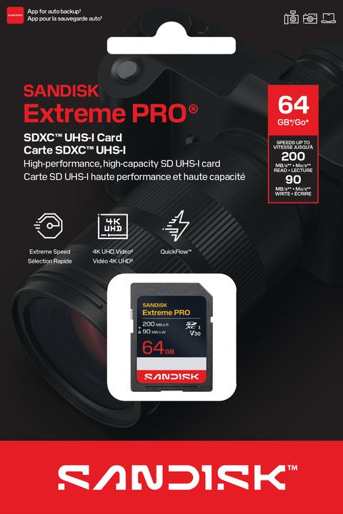 Image du produit SANDISK Extreme Pro SDXC 64GB (64 Go, SDXC, U3, UHS-I)