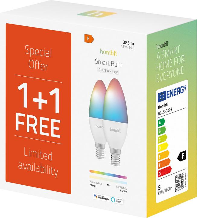 Immagine prodotto Hombli Lampadina intelligente (E14, 4.50 W, 385 lm, 2 x, F)