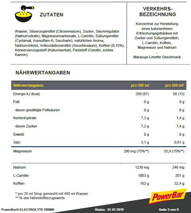 Valeurs nutritives et ingrédients Powerbar Boisson électrolytique (Fruit de la passion-Lime, 1 x)