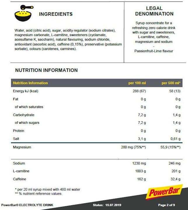 Valeurs nutritives et ingrédients Powerbar Boisson électrolytique (Fruit de la passion-Lime, 1 x)