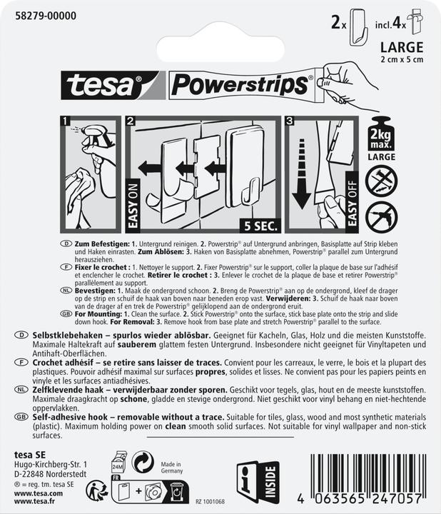 Actual product image tesa Powerstrips adhesive hooks LARGE square - 2 x self-adhesive wall hooks