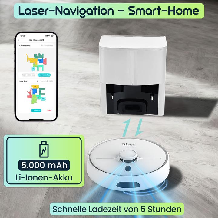 Produktbild Ideoon Saugroboter mit Wischfunktion, SmartLife, App-Steuerung, Laser-Navigation, weiss (6000 Pa, Wischtuch)
