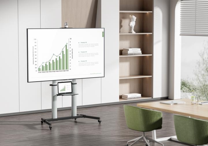 Image du produit Manhattan Support TV multimédia en aluminium sur roulettes, réglable en hauteur (100", 80 kg)