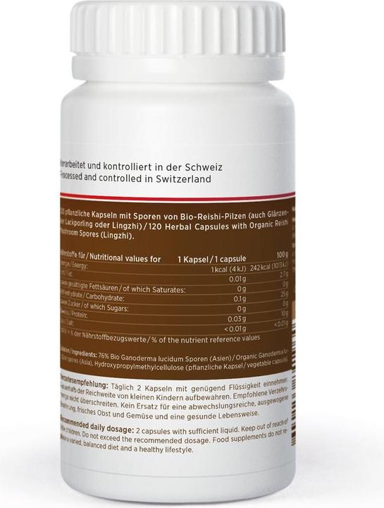 Valeurs nutritives et ingrédients Kingnature REISHI VIDA bio Sporen Ganoderma Lucidum caps (120 pièce(s), Capsules, 78 g)