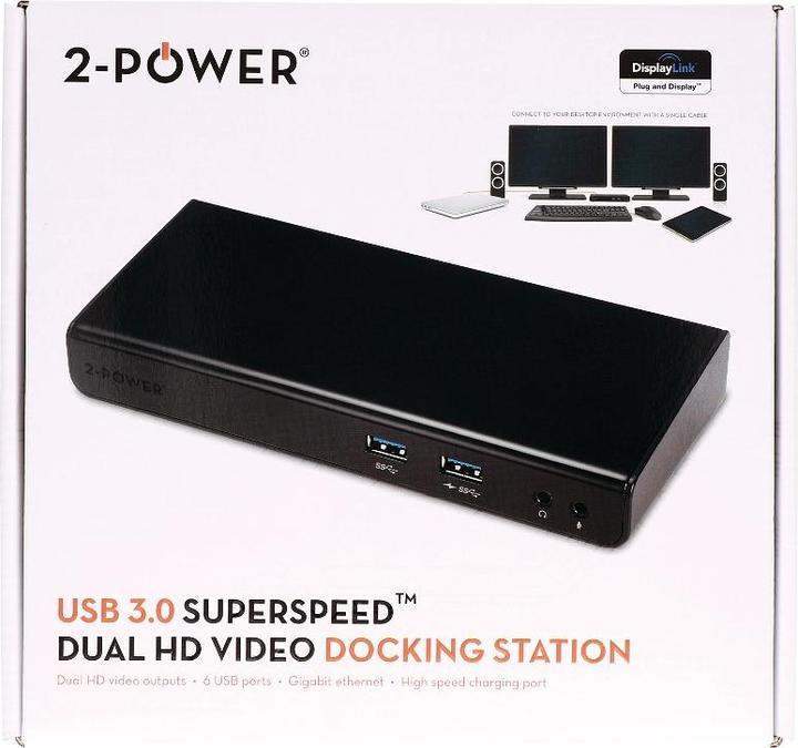 Produktbild 2-Power USB 3.0 Dual Display Docking Station includes power cable. For UK,EU. (USB-A, 6 Ports)