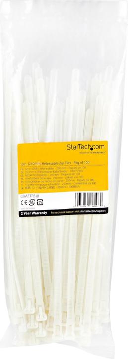 Produktbild StarTech 10"(25cm) Reusable Cable Ties, 1/4"(7mm) wide, 2-1/2"(65mm) Bundle Dia. 50lb(22k (Kunststoffkabelbinder, 250 mm, 100 Stk.)