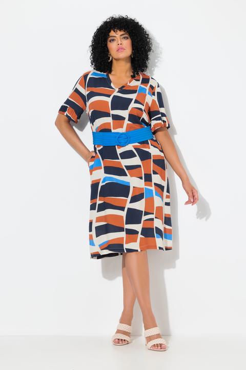 Produktbild Ulla Popken Kleid, grafischer Druck, V-Ausschnitt, Halbarm, Taschen (42, 44)