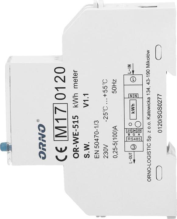 Actual product image Orno 1-phase electricity meter 100A, multi-tariff, RS-485 connection, MID, 1 module, DIN TH-35mm
