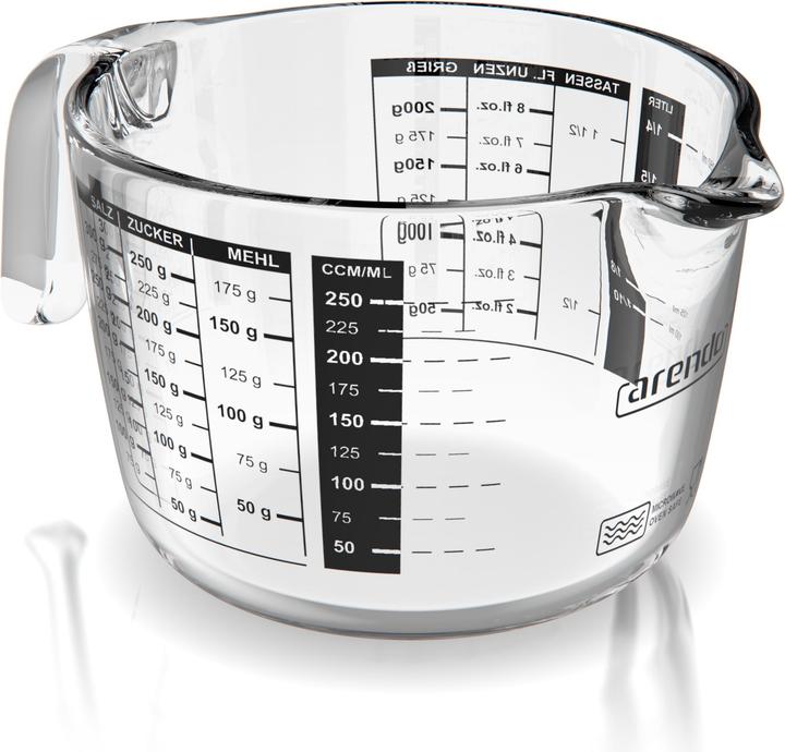 Arendo Messbecher 250 ml Glas Messkrug, Borosilikatglas, Mikrowellengeeignet, Glas, 0,25 L, Skala (250 ml)