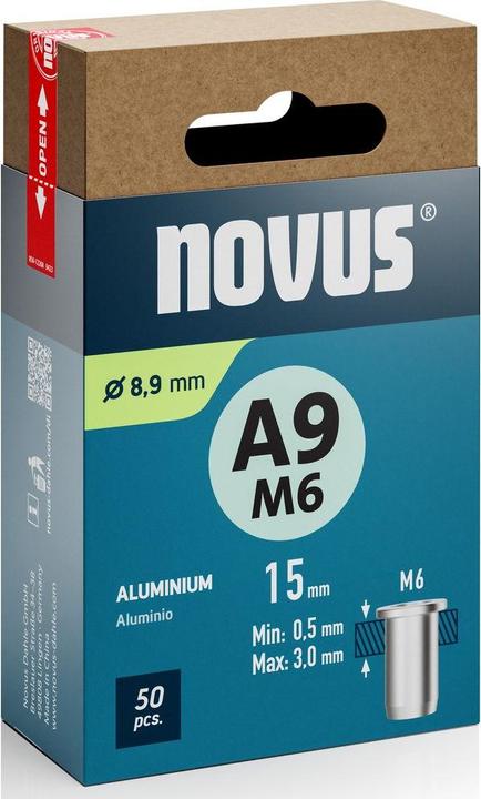 Novus Nietmutter A9 M6, L: 15 mm Alu