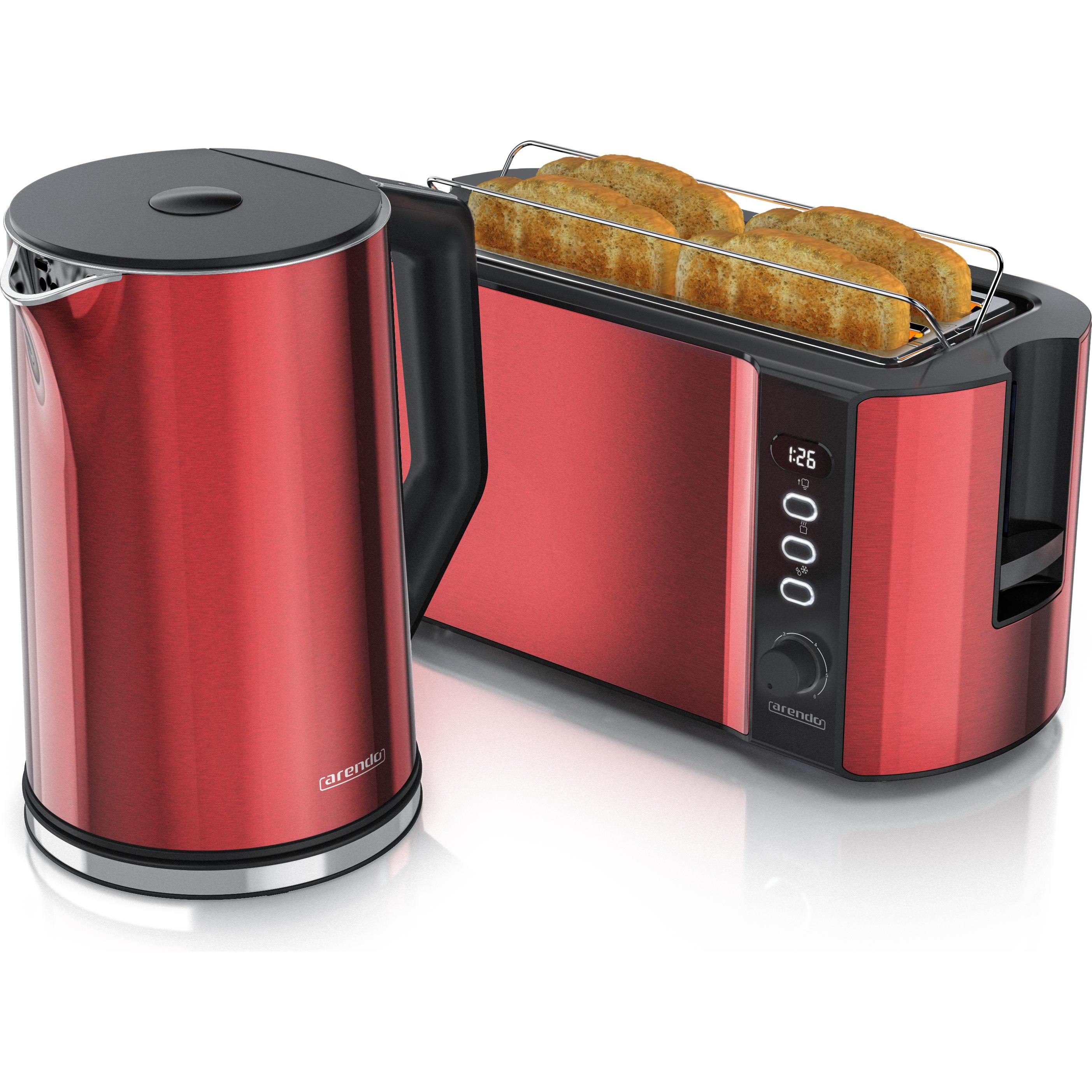 Arendo Frühstücks Set, Edelstahl Wasserkocher 1,5l Temperaturwahl & 4-Scheiben Langschlitz Toaster, Rot, Wasserkocher, R...