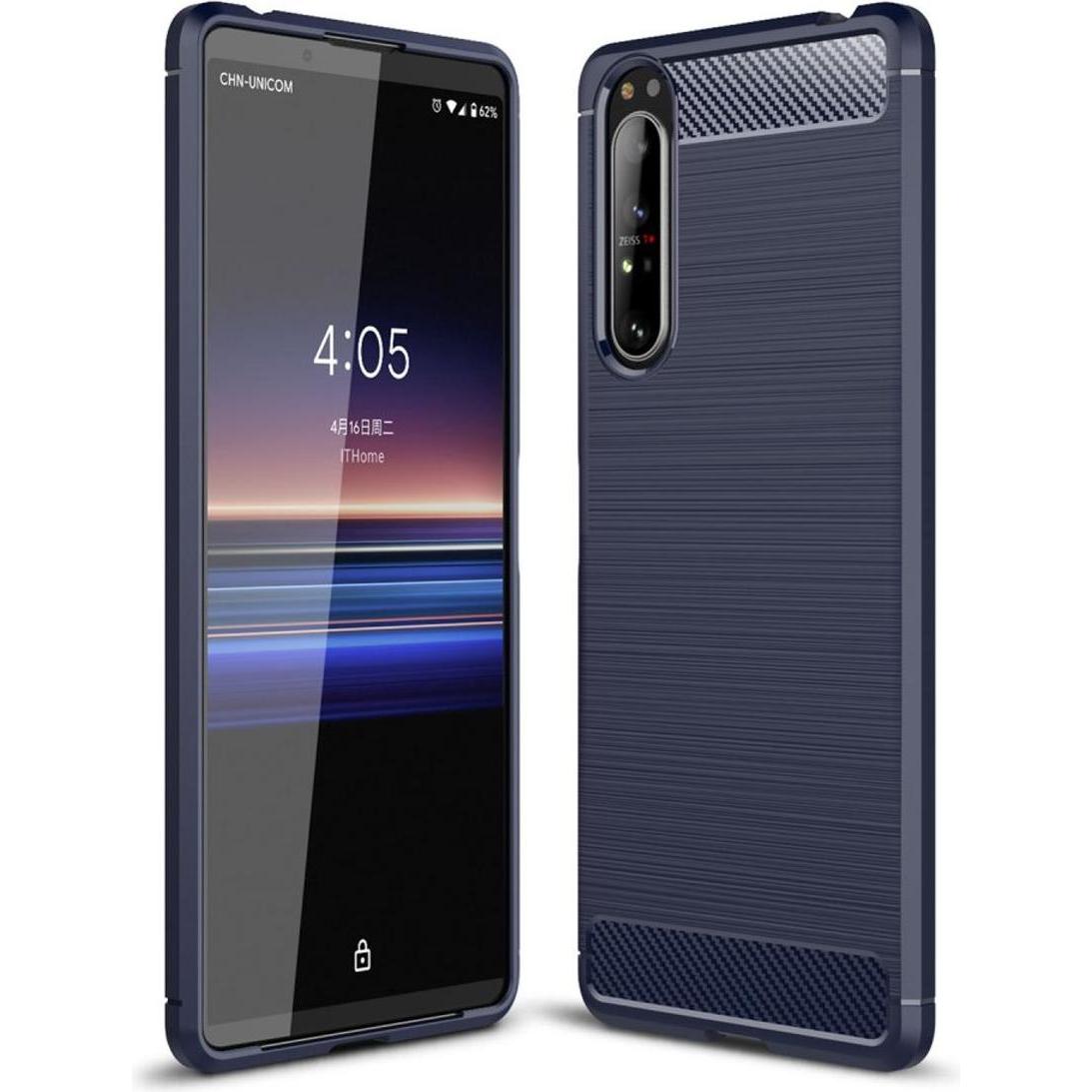König Design Hülle Handy Schutz für Sony Xperia 1 II Case Cover Bumper Carbon Optik TPU Blau (Sony Xperia 1 II), Smartph...