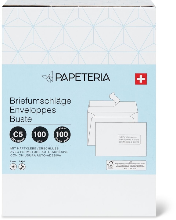Image du produit Papeteria C5 Enveloppes avec fenêtre à droite (C5, 100 x)