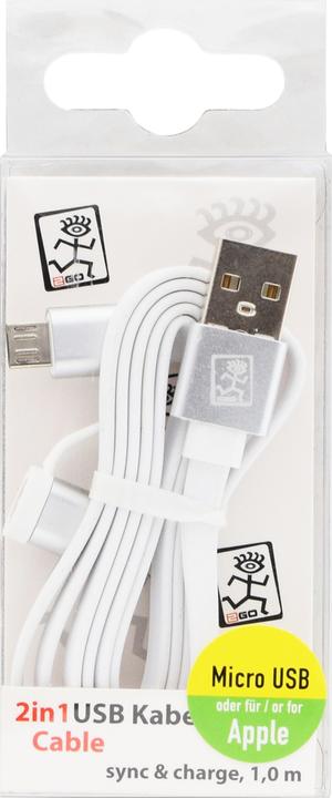 Produktbild 2GO 2 in 1 USB Datenkabel-weiss-100cm für Micro-USB & Apple (1 m, USB 3.0)