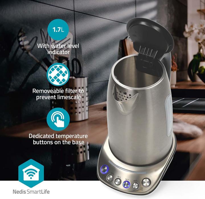 Produktbild Nedis SmartLife Wasserkocher Wi-Fi | 1,70 l | Edelstahl | 70,80,90,100 °C | Temperaturanzeige | Um 3 (1.70 l)