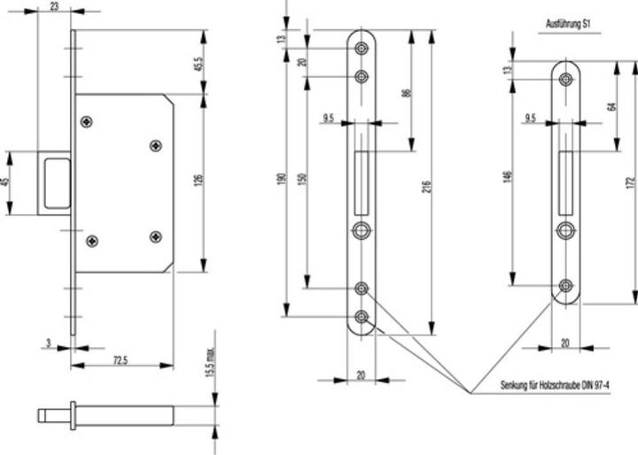 Actual product image BKS Sliding door mortice lock 0393 steel silver rounded 20/55 mm with spring handle and release button (Mortise lock)