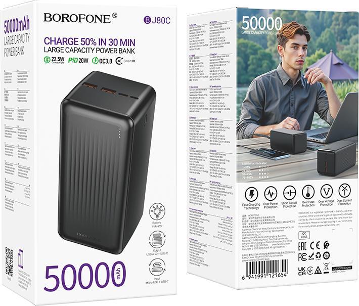 Immagine prodotto Borofone Powerbank 50000mAh BJ80C Clever - 2xUSB + Typ C - QC 3.0 22,5W PD 20W schwarz (50000000 mAh, 22.50 W, 185 Wh)