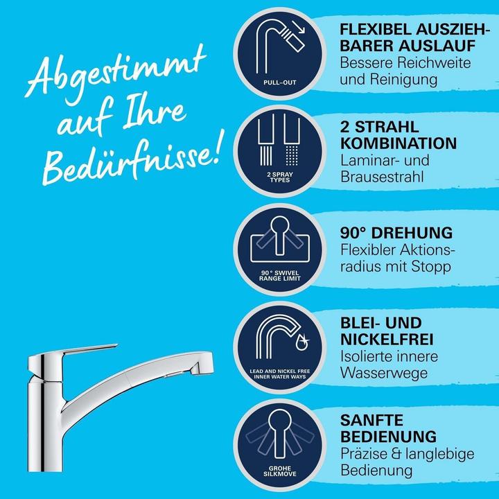 Produktbild Grohe Start QuickFix, Küchenarmatur, herausziehbar, schwenkbarer Auslauf, mit 2 Strahlarten, chrom