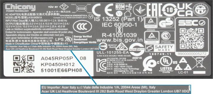 Image du produit Acer Adaptateur secteur original pour ordinateur portable (45 W)