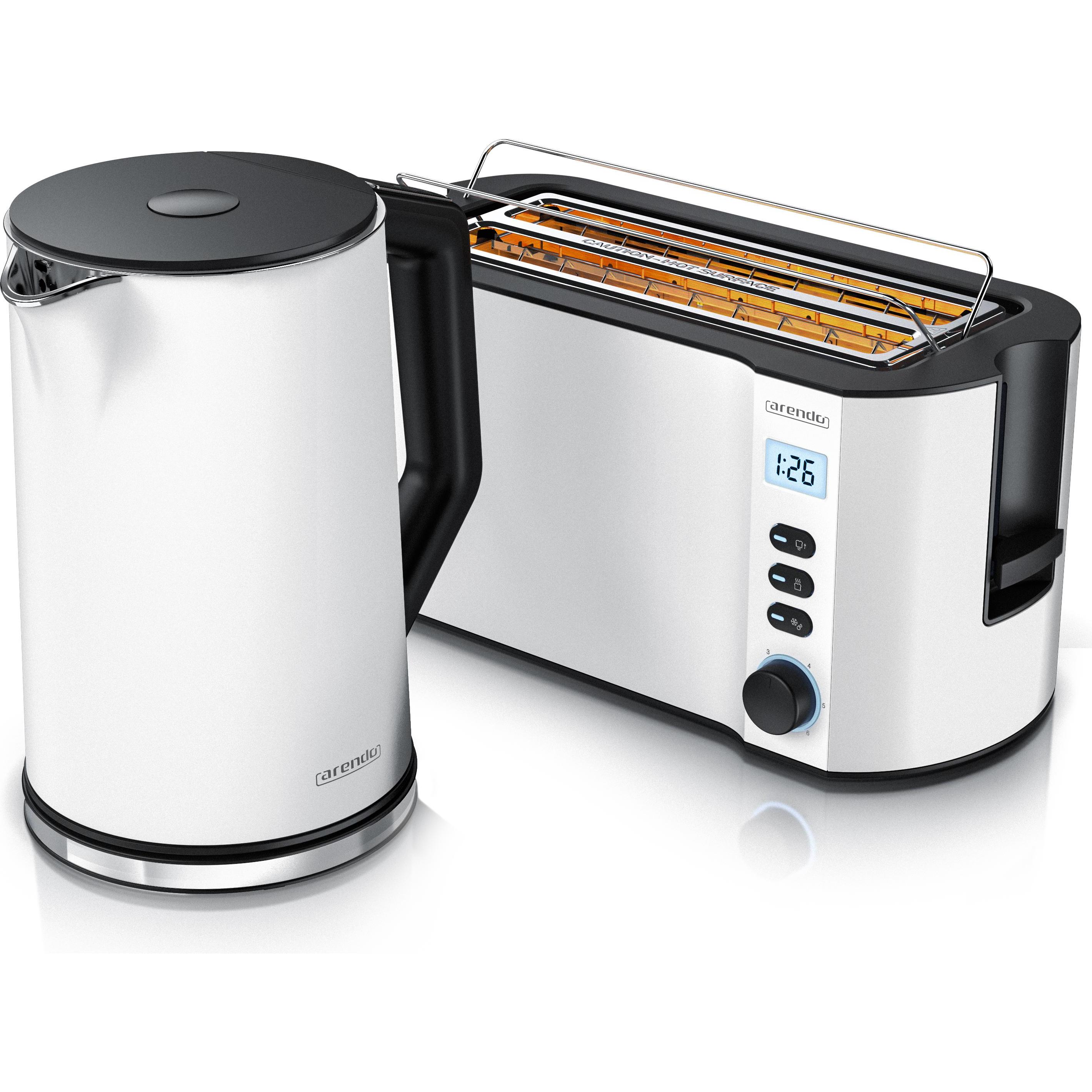 Arendo Frühstücksset Edelstahl-Wasserkocher 1,5l Temperaturwahl & 4-Scheiben Langschlitztoaster weiss, Wasserkocher, Wei...