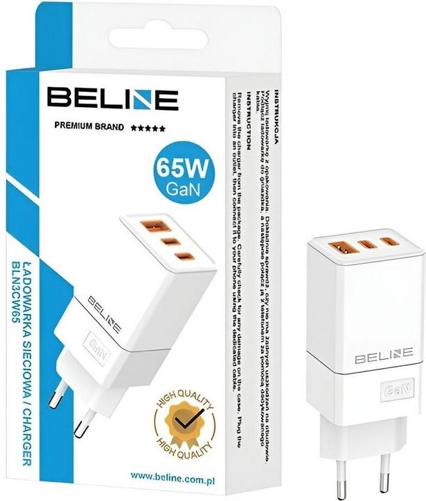 Produktbild Beline Ład. siec. 2x USB-C + 1x USB 65W biały/white (only head) PD 3.0 + QC 3.0 BLN3CW65 GaN (65 W, 3 Ports)
