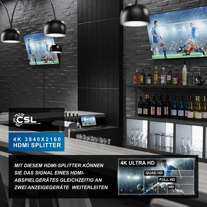 Immagine prodotto CSL Splitter HDMI, mini splitter 4K UHD a 2 porte 1x ingresso HDMI a 2x uscita HDMI, Ultra HD 2160p