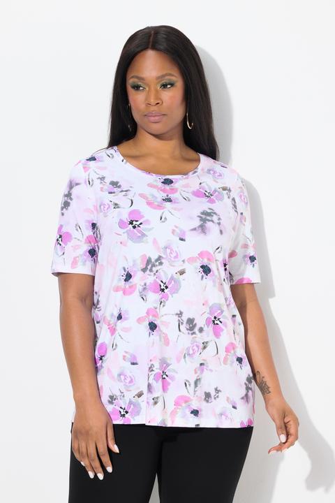 Immagine prodotto Ulla Popken T-shirt dal taglio svasato in cotone Pima con fiori, scollo a girocollo e mezze maniche (42, 44)