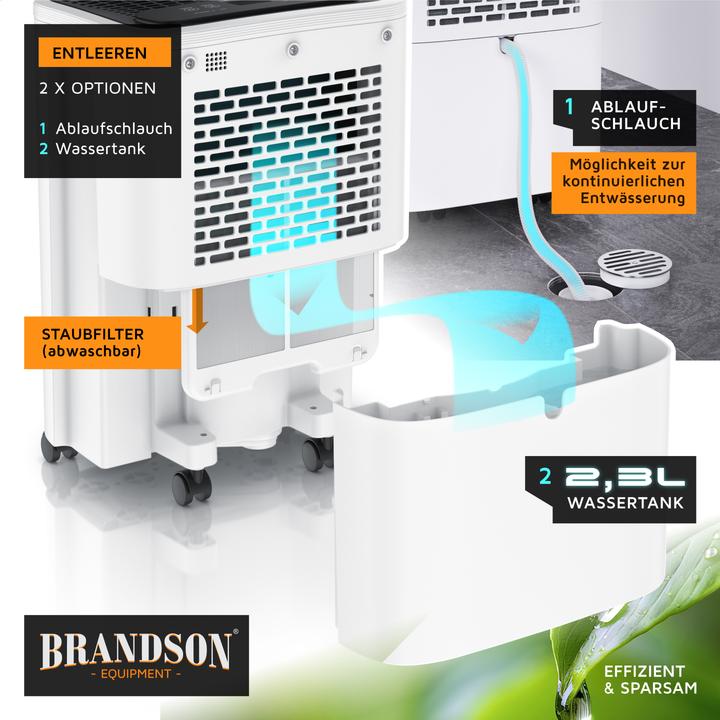 Produktbild Brandson Luftentfeuchter mit Kompressor, 10L pro 24h, Dehumidifier elektrisch, für 40 m³ Räume, Tank 2,3 L (20 m², 10 l/24h)