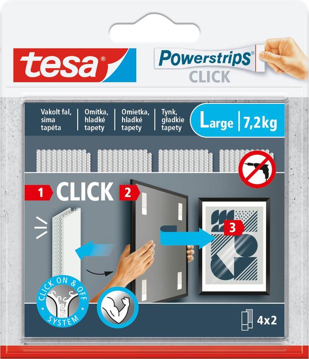 tesa Powerstrips CLICK - Klett-Klebepads - Bilder aufhängen ohne Bohren - Large 7,2kg - 4 x 2 Stück