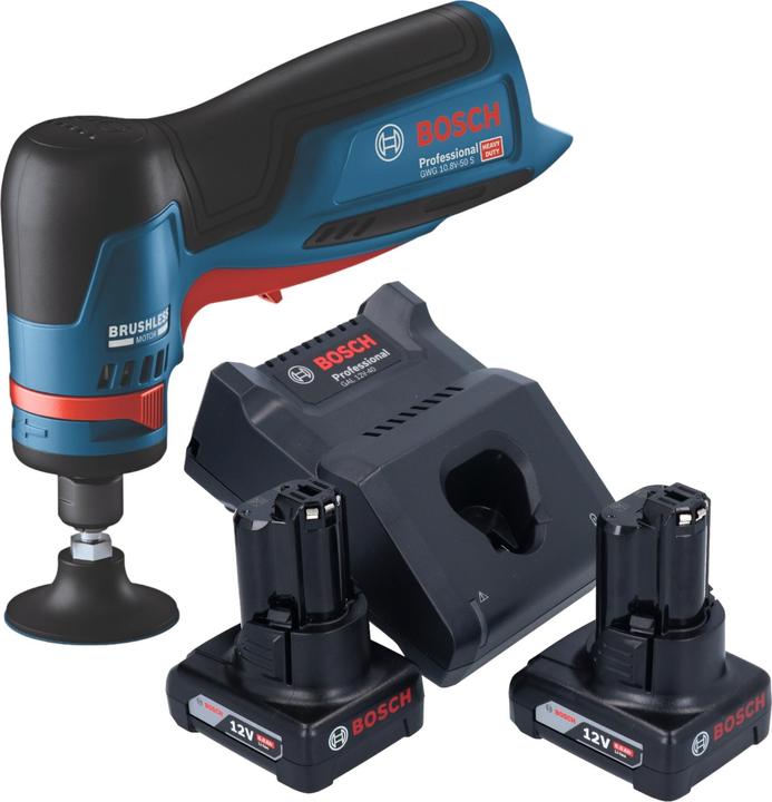 1x Bosch GWG 12V-50 S Professional Akku Geradschleifer, 1x Schraubenschlüssel, 1x Spannzange mit Überwurfmutter 6 mm ( 2 608 570 084 ), 2x Bosch GBA 12 V 6,0 Ah, 6000 mAh Li-Ion Einschub Akku, 1x Bosch GAL 12V-40 Professional Schnell Ladegerät