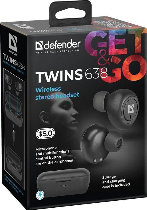 Actual product image Defender Twins 638 Headphones Wireless In Ear Calls/Music Bluetooth Black (2 h, Wireless)