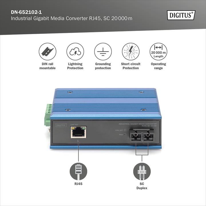Image du produit Digitus Industrial Gigabit Media Converter RJ45, SC 20 km