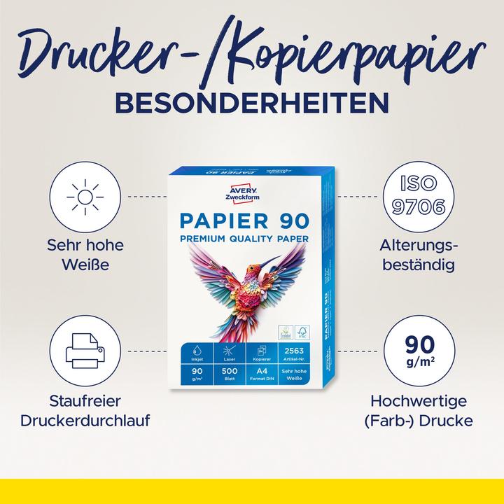 Produktbild Avery Drucker- und Kopierpapier (A4, 500 Blätter, 90 g/m²)